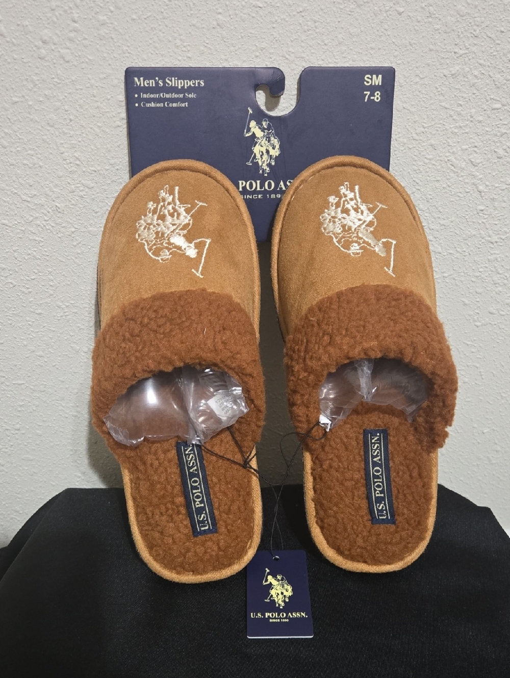 U.S. Polo Assn. Men's Tan/Brown Plush Slip-On Slippers
